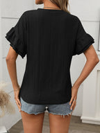 Eyelet Round Neck Flounce Sleeve Top