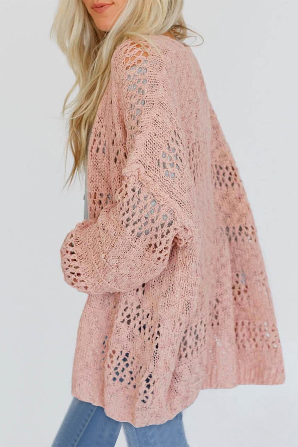 Openwork Open Front Long Sleeve Cardigan - felvior