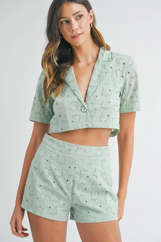 MABLE Eyelet Short Sleeve Crop Top and Shorts Set - felvior
