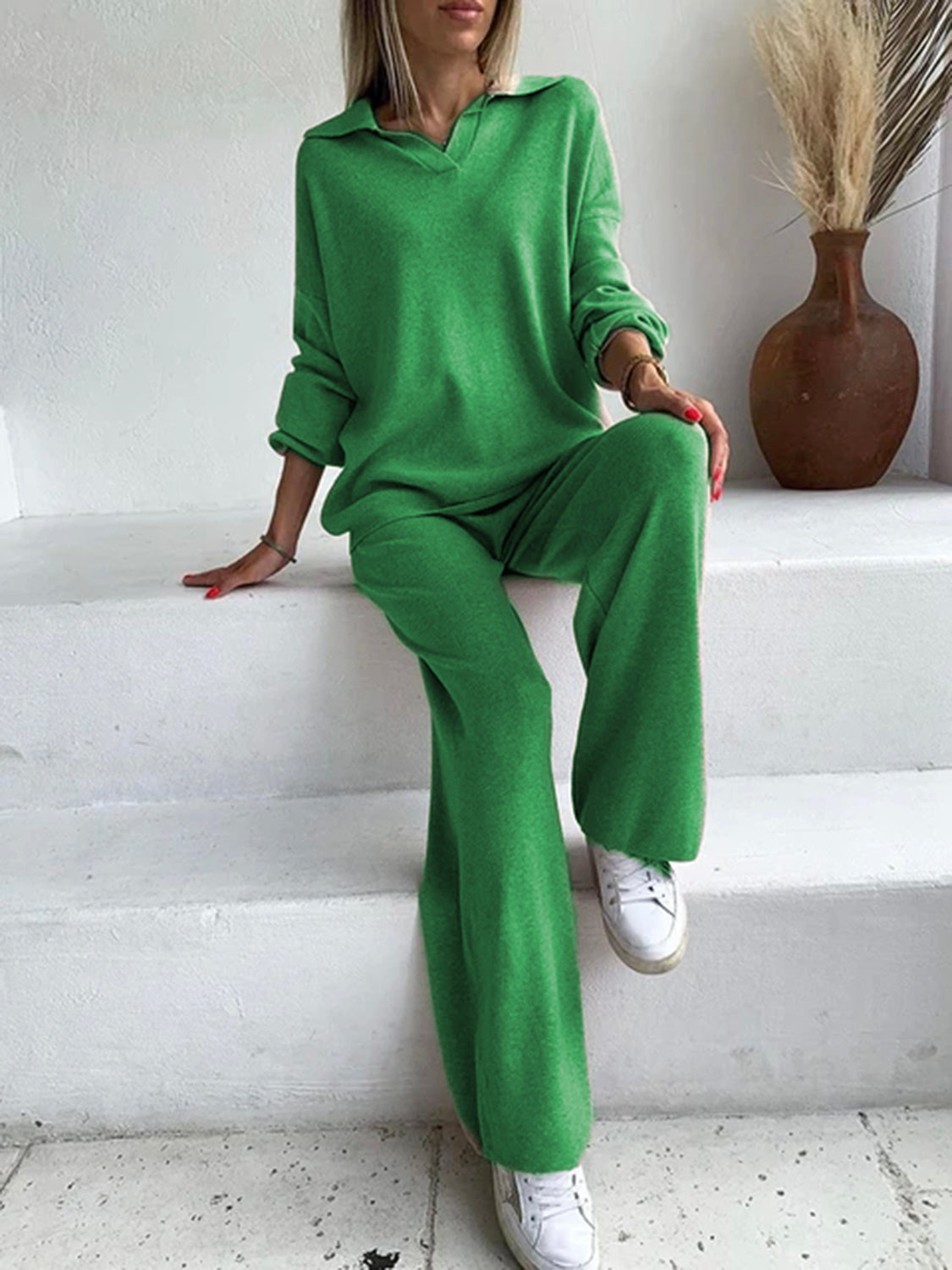 Johnny Collar Long Sleeve Top and Pants Sweater Set - felvior