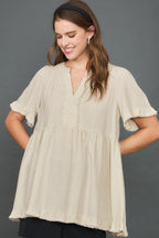 Umgee Full Size Raw Hem Notched Babydoll Linen Blouse Plus Size