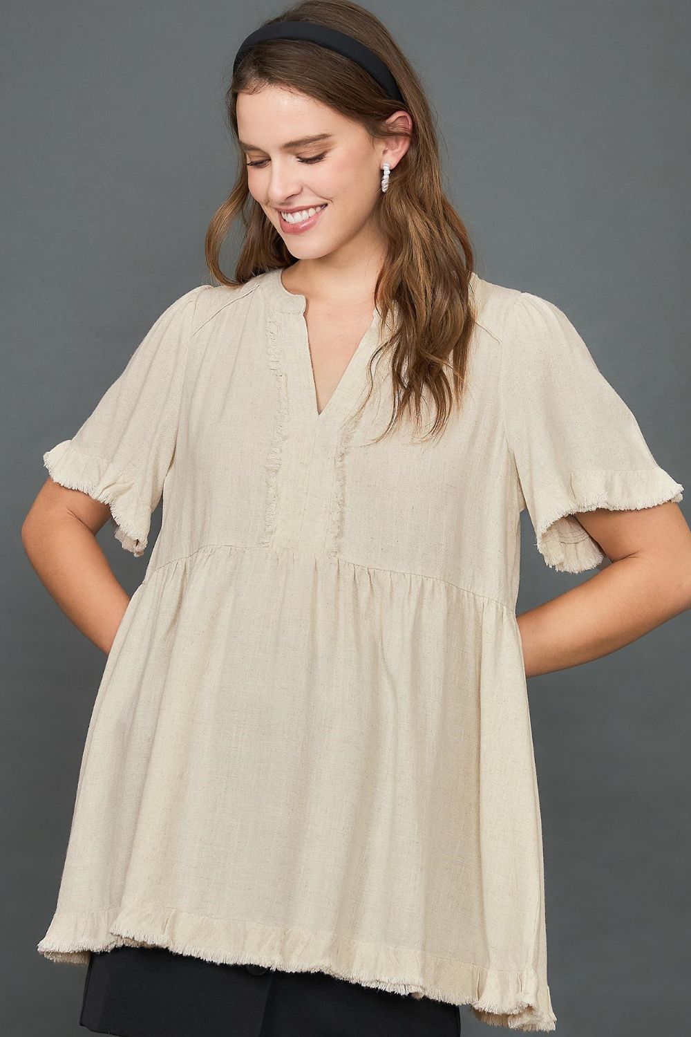 Umgee Full Size Raw Hem Notched Babydoll Linen Blouse Plus Size