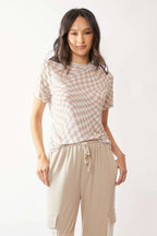 Davi & Dani Checker Board Printed Mesh Short Sleeve Top
