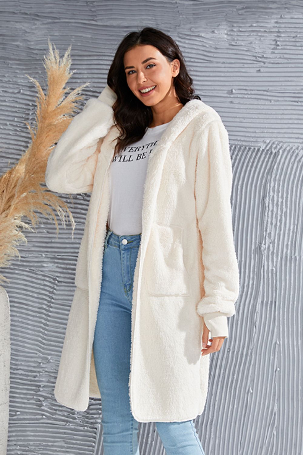 Double Take Full Size Hooded Teddy Bear Jacket with Thumbholes - felvior