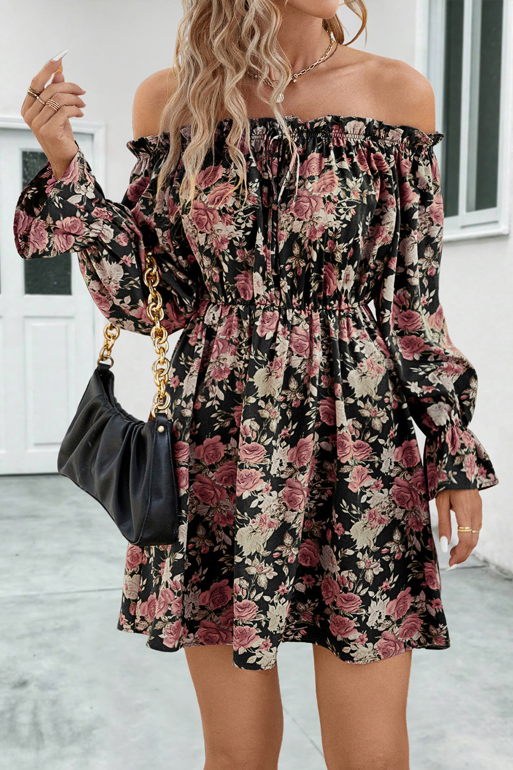 Floral Off-Shoulder Flounce Sleeve Dress - felvior