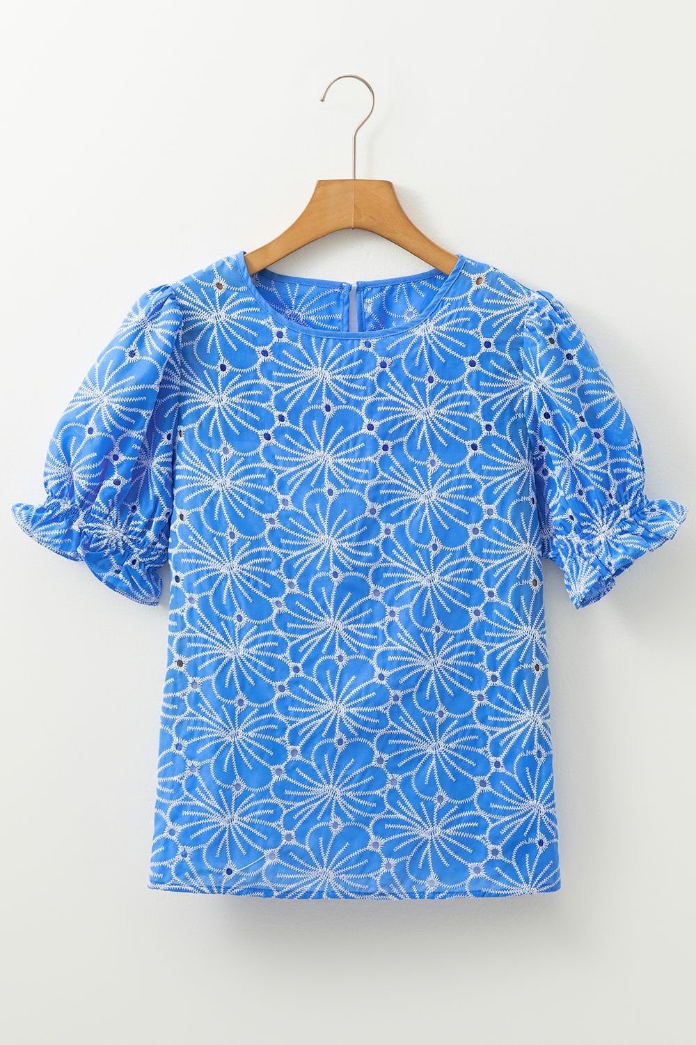 Eyelet Flower Embroidery Flounce Sleeve Blouse - felvior