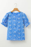 Eyelet Flower Embroidery Flounce Sleeve Blouse - felvior
