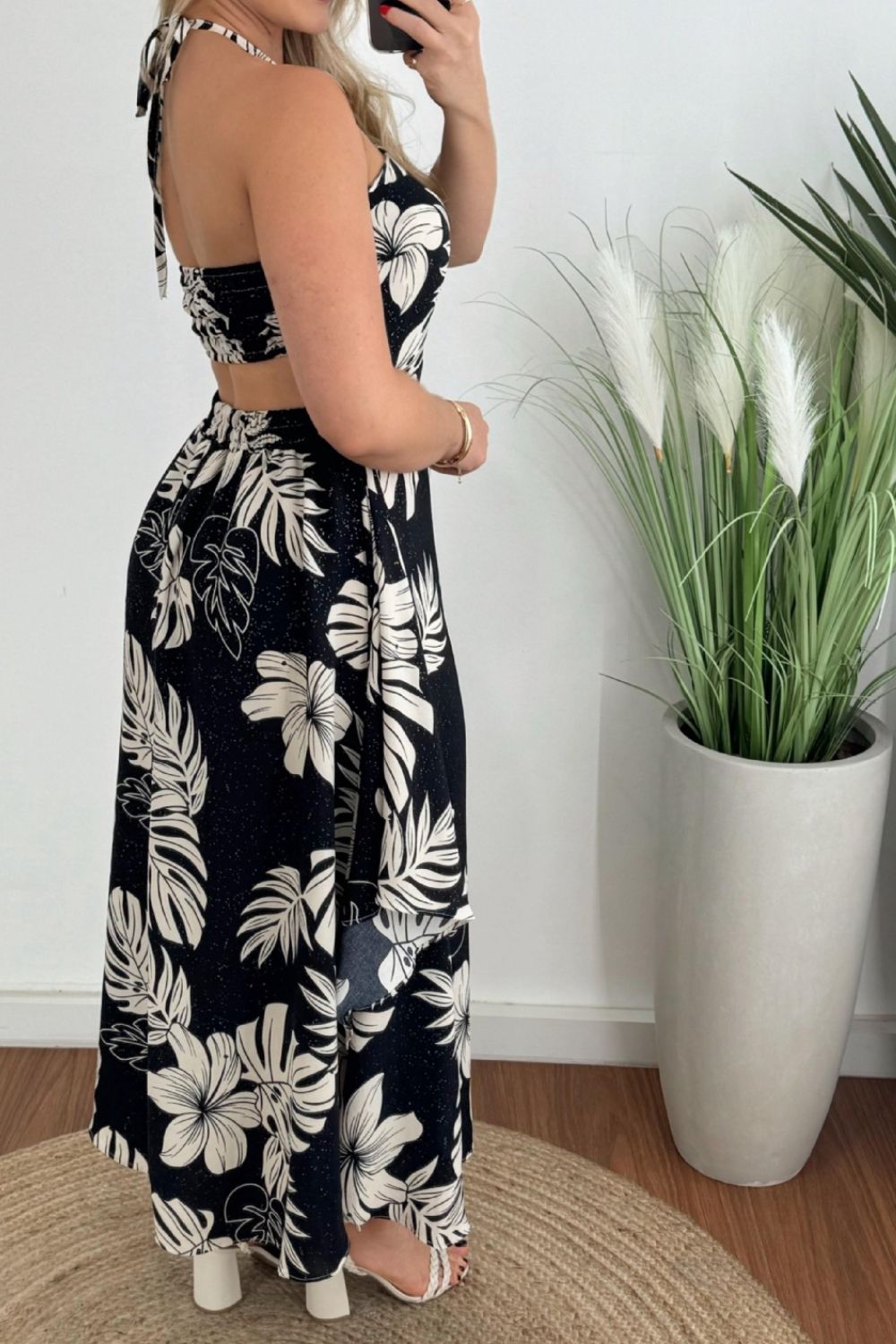 Smocked Printed Halter Neck Dress - felvior