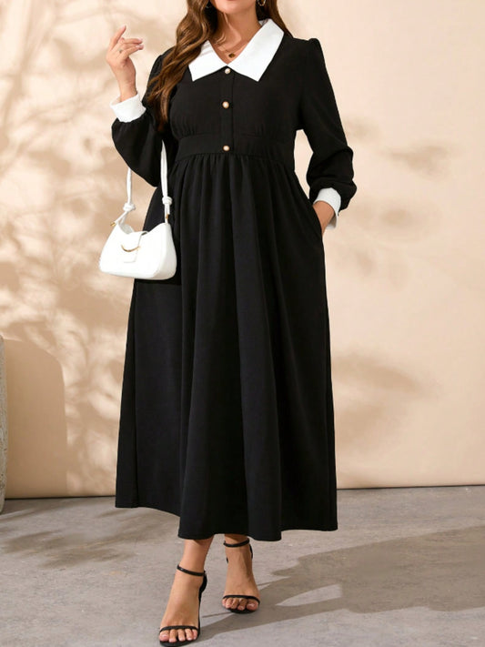 Plus Size Contrast Collared Neck Long Sleeve Midi Dress - felvior