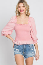 GeeGee Full Size Ruffled Smocked Frill Square Neck Top Plus Size