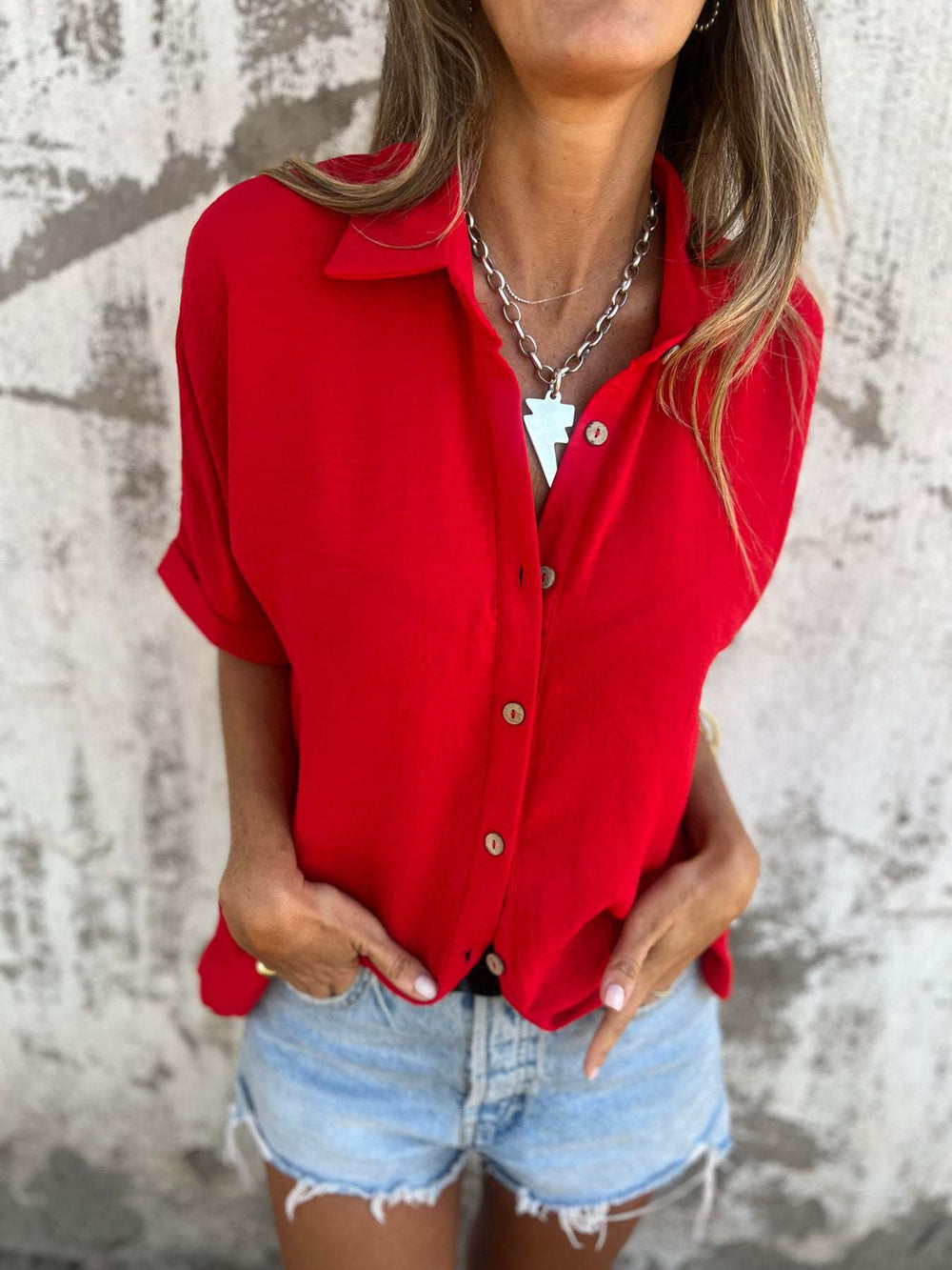 Full Size Collared Neck Half Sleeve Shirt Plus Size - felvior