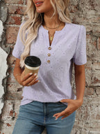 Eyelet Notched Short Sleeve Top