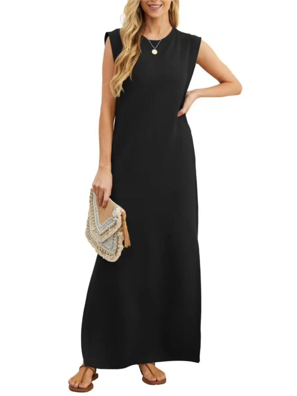 Full Size Slit Round Neck Sleeveless Maxi Tank Dress Plus Size