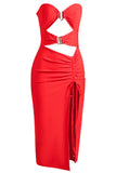 Cutout Strapless Drawstring Detail Split Bandage Dress - felvior