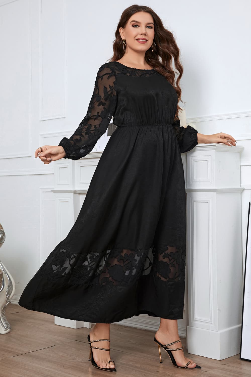 Honey Melo Apparel Plus Size Embroidery Round Neck Long Sleeve Maxi Dress - felvior