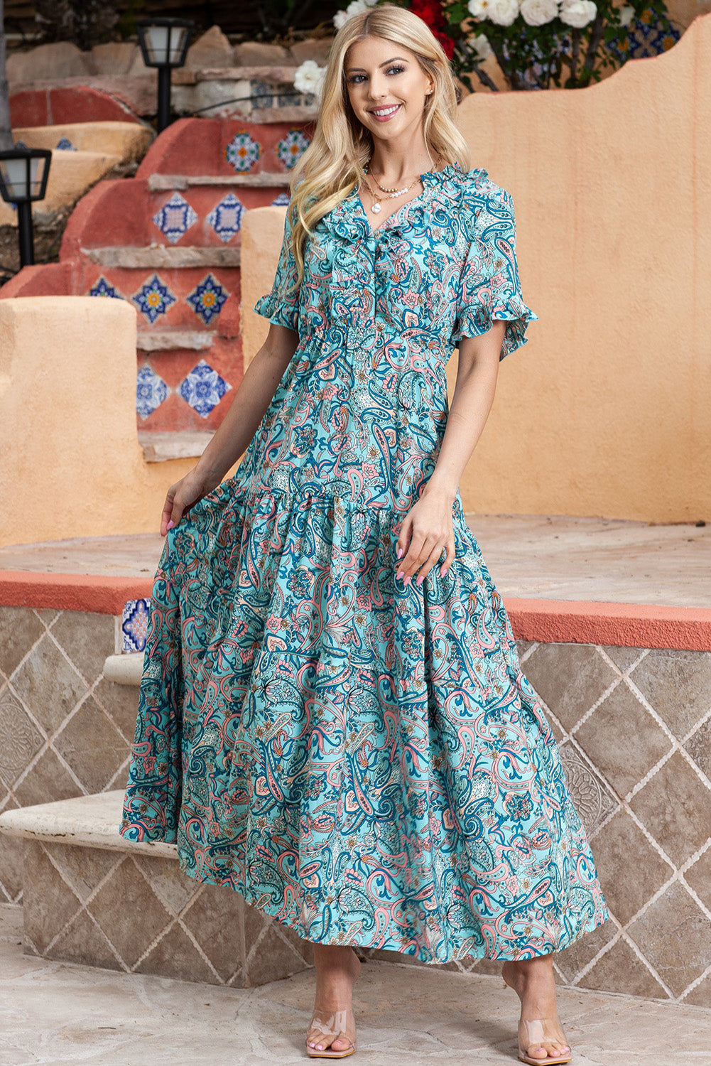 Paisley Print Flounce Sleeve Maxi Dress - felvior