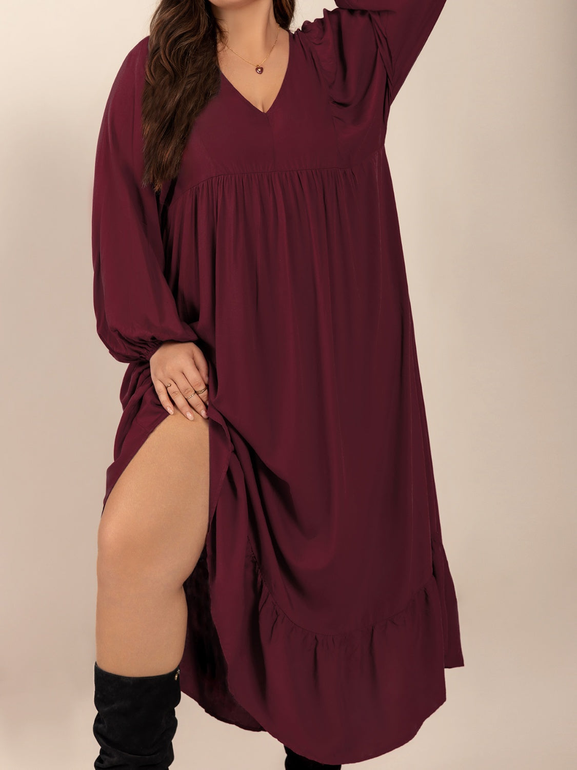 Plus Size Ruffled Hem V-Neck Balloon Sleeve Dress - felvior