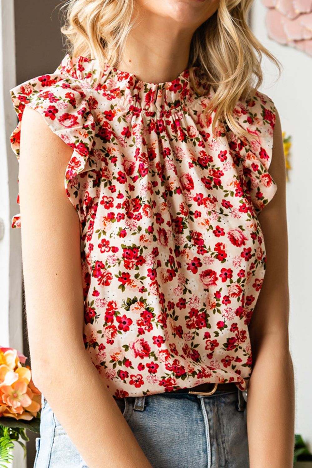 Ruffled Floral Round Neck Cap Sleeve Blouse - felvior