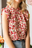 Ruffled Floral Round Neck Cap Sleeve Blouse - felvior