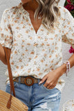 Frill Printed Notched Short Sleeve Blouse - felvior