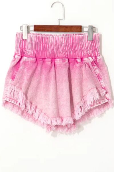 Washed Wide Smocked Waistband Frayed Denim Shorts - felvior