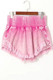 Washed Wide Smocked Waistband Frayed Denim Shorts - felvior