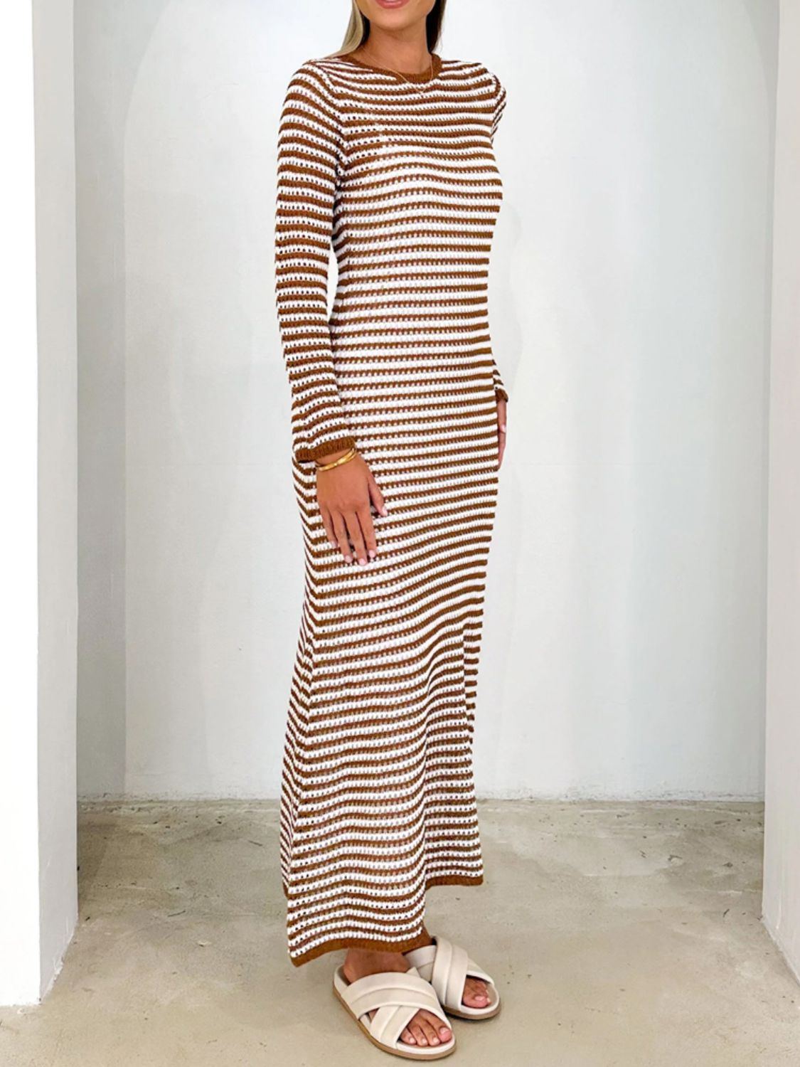 Devine Tied Round Neck Striped Sweater Dress - felvior