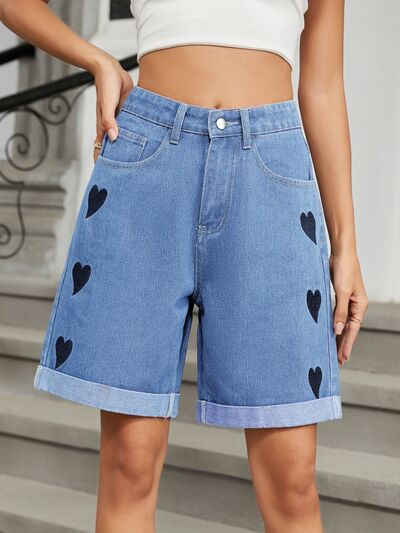 Heart-Pattern Rolled Hem Denim Shorts