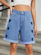 Heart-Pattern Rolled Hem Denim Shorts