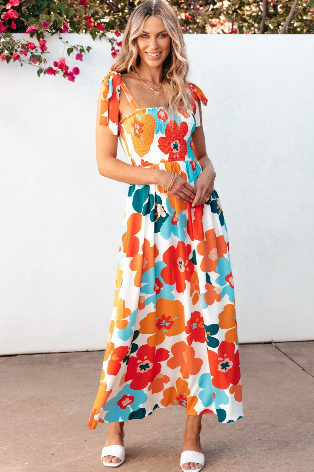 Smocked Printed Square Neck Dress - felvior