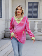 Lace-Up Striped Long Sleeve T-Shirt