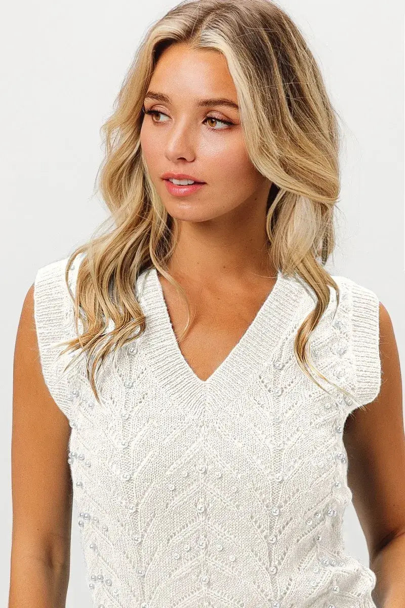 BiBi Chevron Pointelle Pearl Knit Top