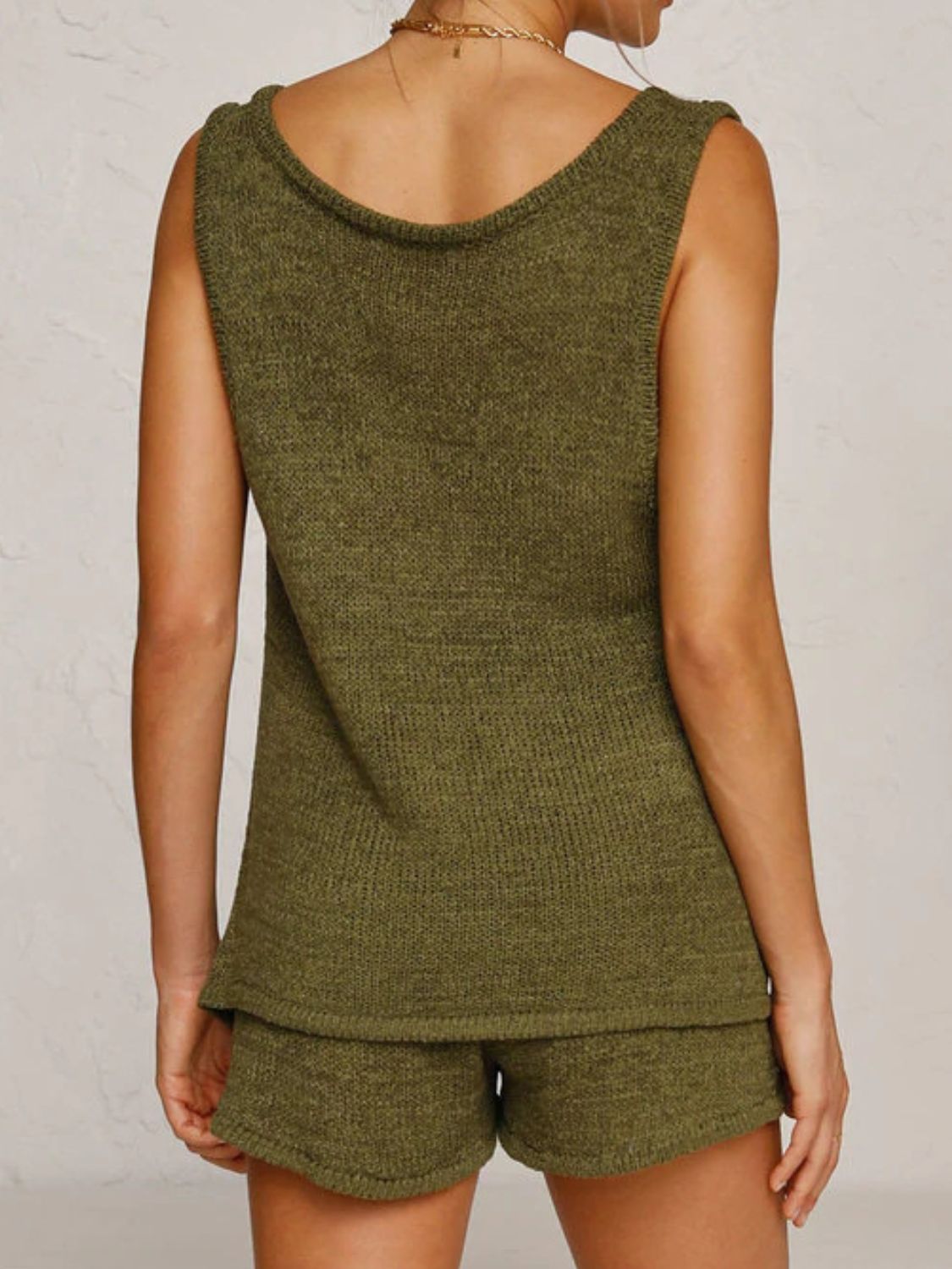 V-Neck Sleeveless Top and Drawstring Shorts Sweater Set - felvior