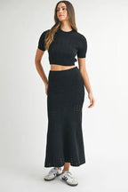 MABLE Pointelle Short Sleeve Crop Top and Slit Skirt Sweater Set