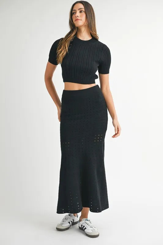 MABLE Pointelle Short Sleeve Crop Top and Slit Skirt Sweater Set