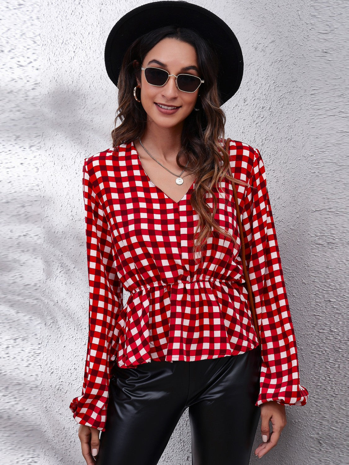 Plaid V-Neck Balloon Sleeve Peplum Blouse Hauptbild