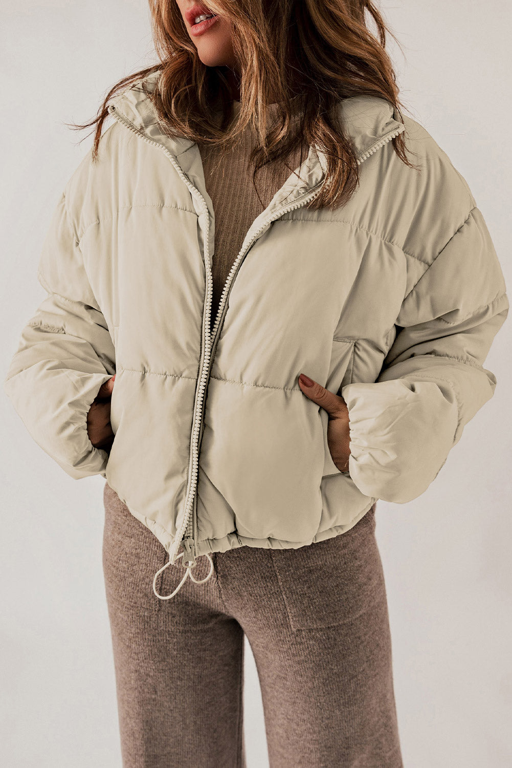 Zip Up Collared Neck Long Sleeve Winter Coat - felvior