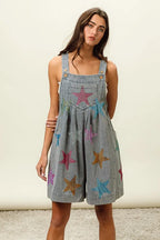 BiBi Star Rhinestone Washed Wide Leg Shortalls