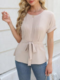 Tied Pleated Round Neck Short Sleeve Top - felvior