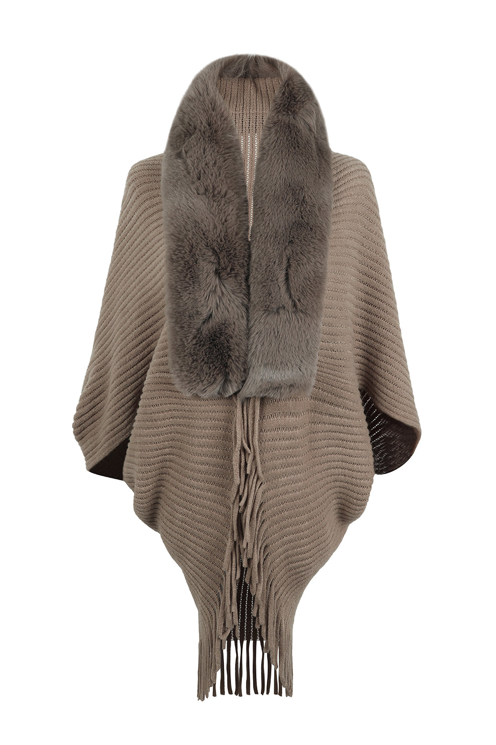 Fringe Detail Long Sleeve Ribbed Poncho - felvior