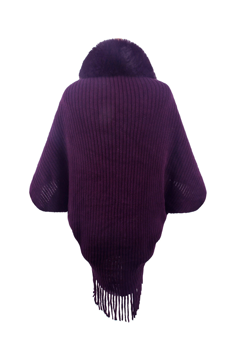 Fringe Detail Long Sleeve Ribbed Poncho - felvior