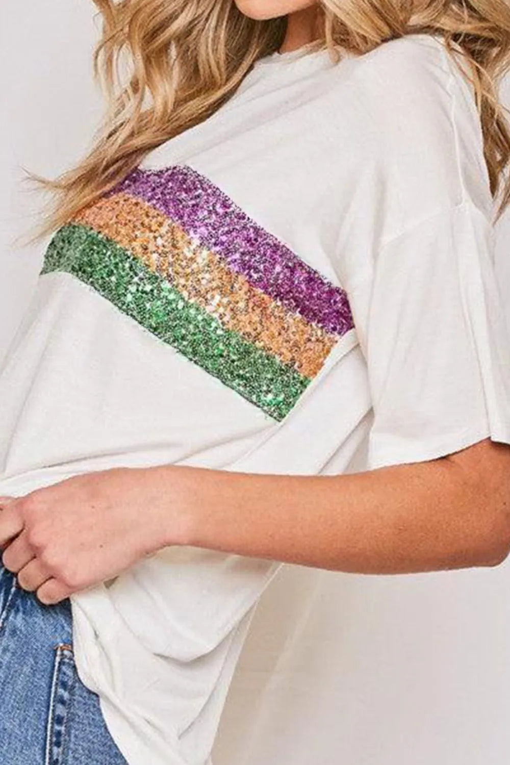 Sequin Stripes Crew Neck T Shirt