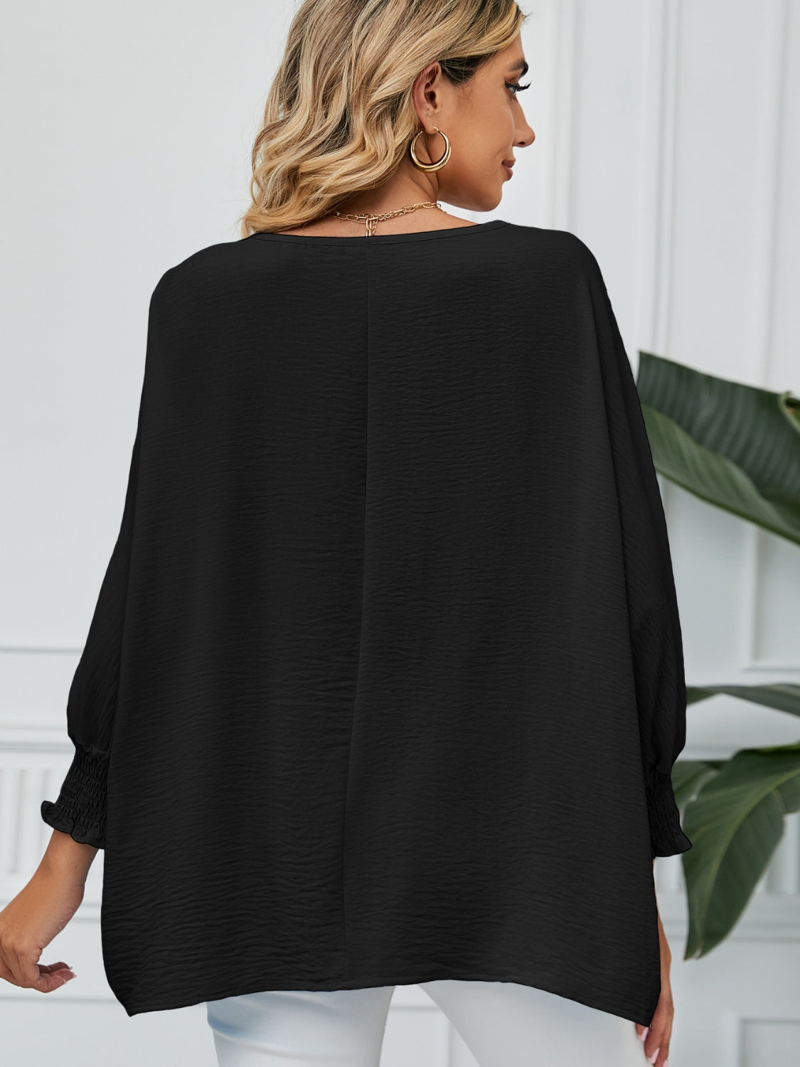 Smocked Lantern Sleeve Round Neck Blouse - felvior