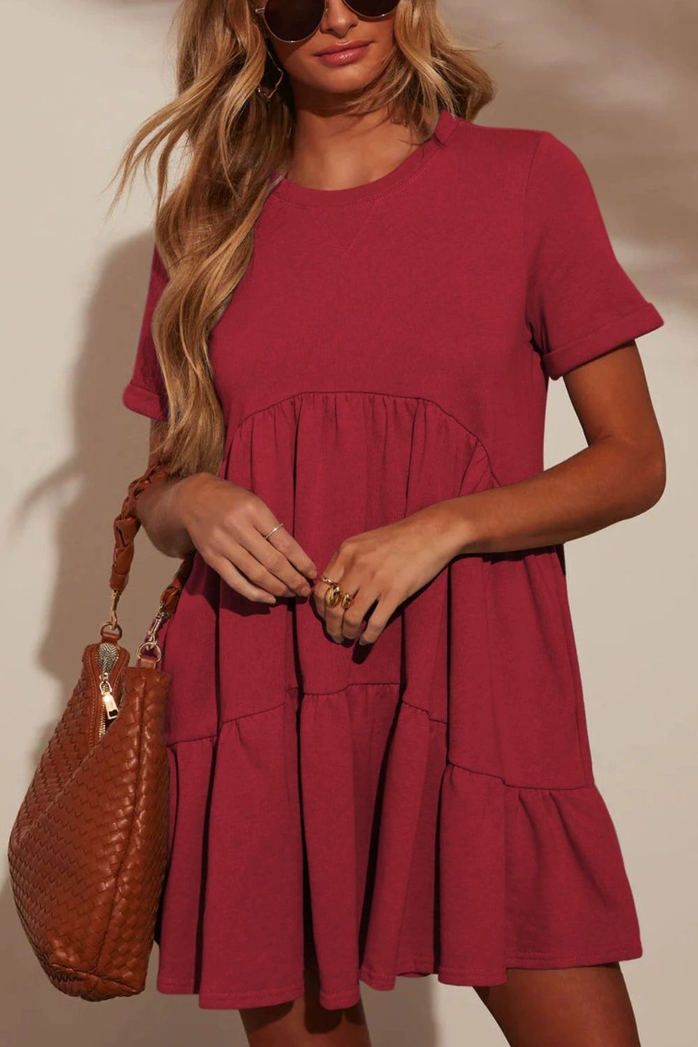 Tiered Round Neck Short Sleeve Mini Dress - felvior