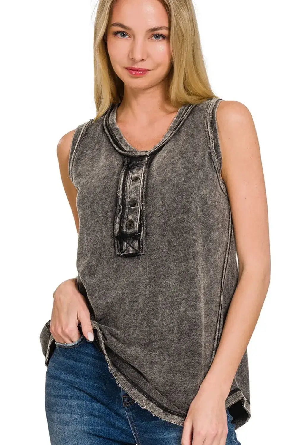 Zenana Washed Half-Button Raw Edge Sleeveless Henley Top