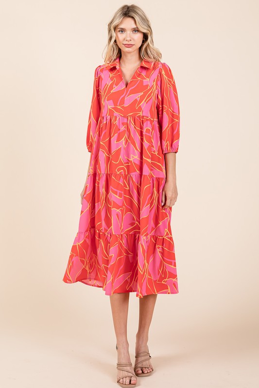 Mittoshop Tiered Printed Collared Neck Midi Dress - felvior
