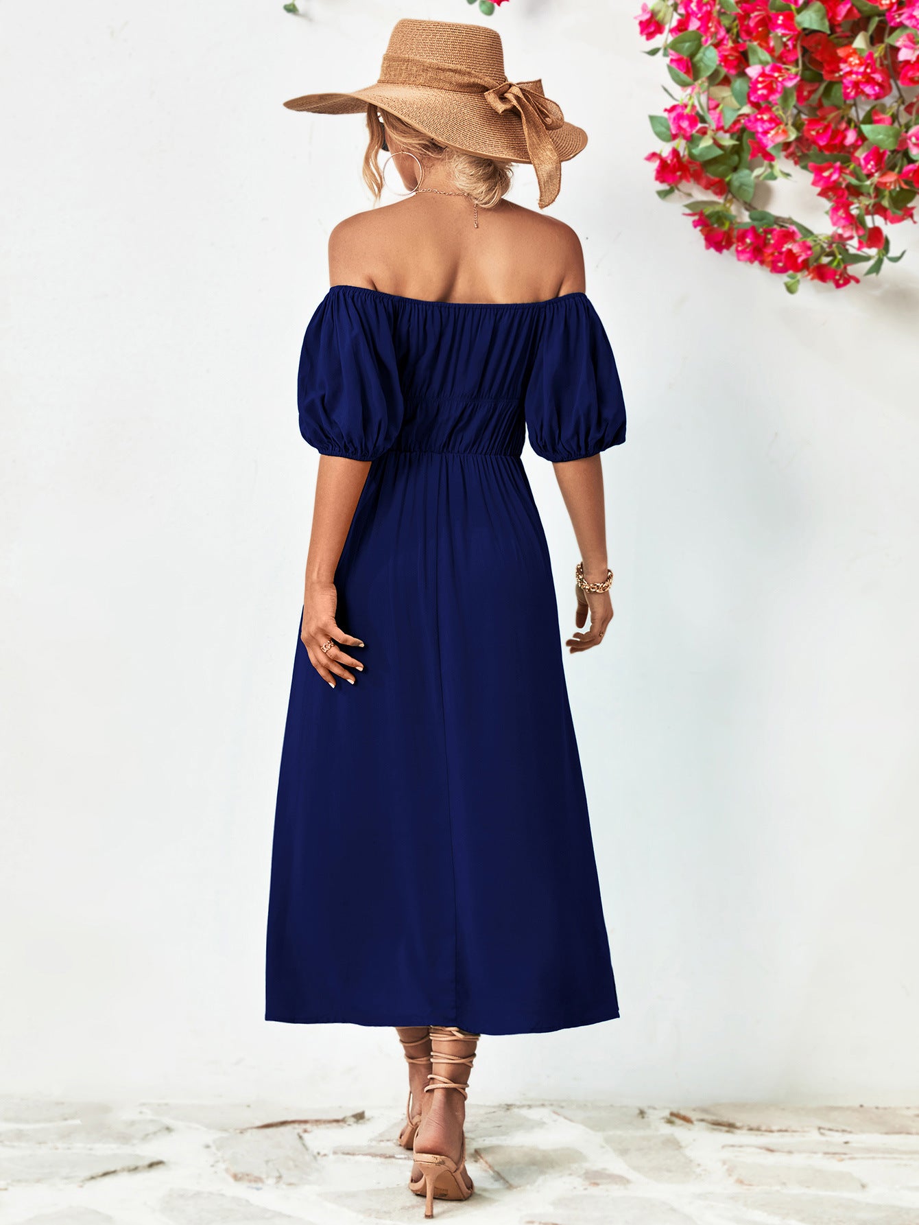 Off-Shoulder Balloon Sleeve Midi Dress - felvior