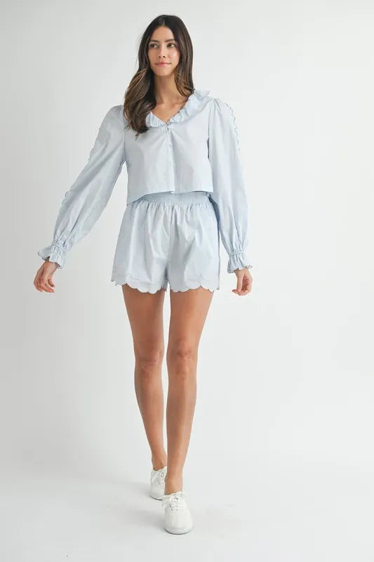 MABLE Long Sleeve Scallop Blouse and Shorts Set - felvior