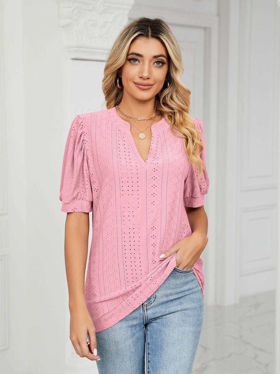 Florira Eyelet Notched Short Sleeve T-Shirt