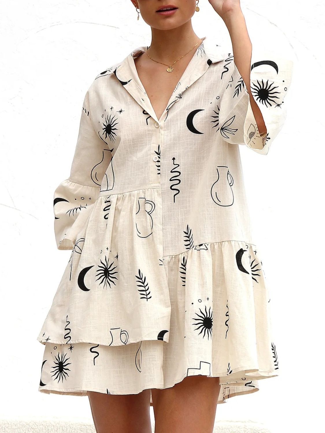 Printed Collared Neck Three-Quarter Sleeve Mini Dress Secondary image